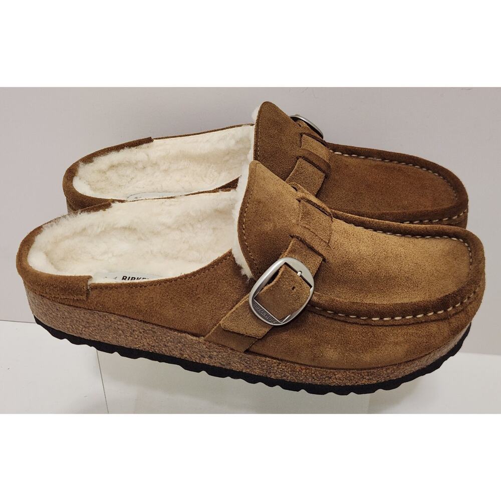 Birkenstock Womens Shearling Suede Buckley Slip-On Buckled Clogs Brown Size 7